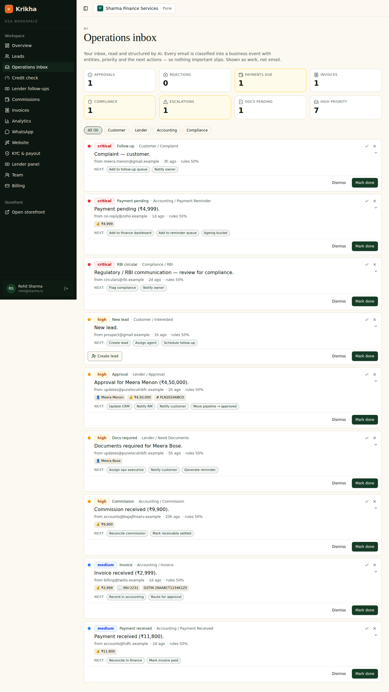 The Krikha workspace, an AI operations inbox that turns every email into a business event